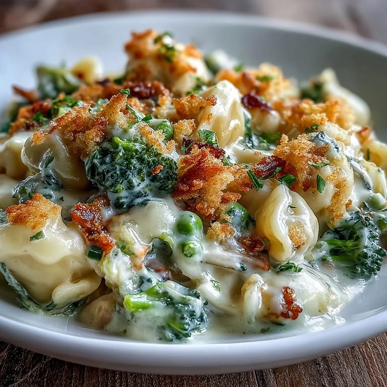Freshly broiled creamy veggie pot pie pasta in a skillet with parsley garnish for a family meal.