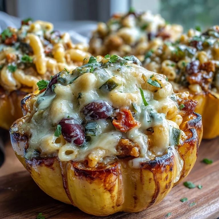 Steaming Hot Honey Chili Mac with melted cheddar is spooned into golden roasted squash for a cozy, vegetarian main dish.