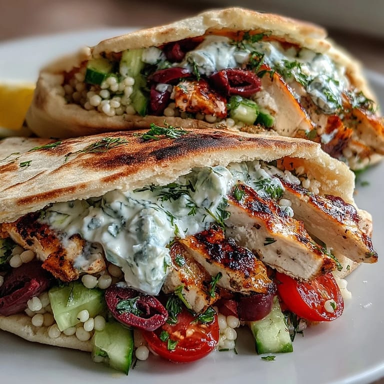 Golden-brown Greek chicken slices layered in a pita with colorful tomato, cucumber, olives, and crumbled feta.