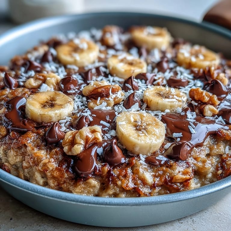 Freshly baked Chunky Monkey Oatmeal Cookie Skillet with bananas, chocolate chips, and walnuts in a cast-iron pan.