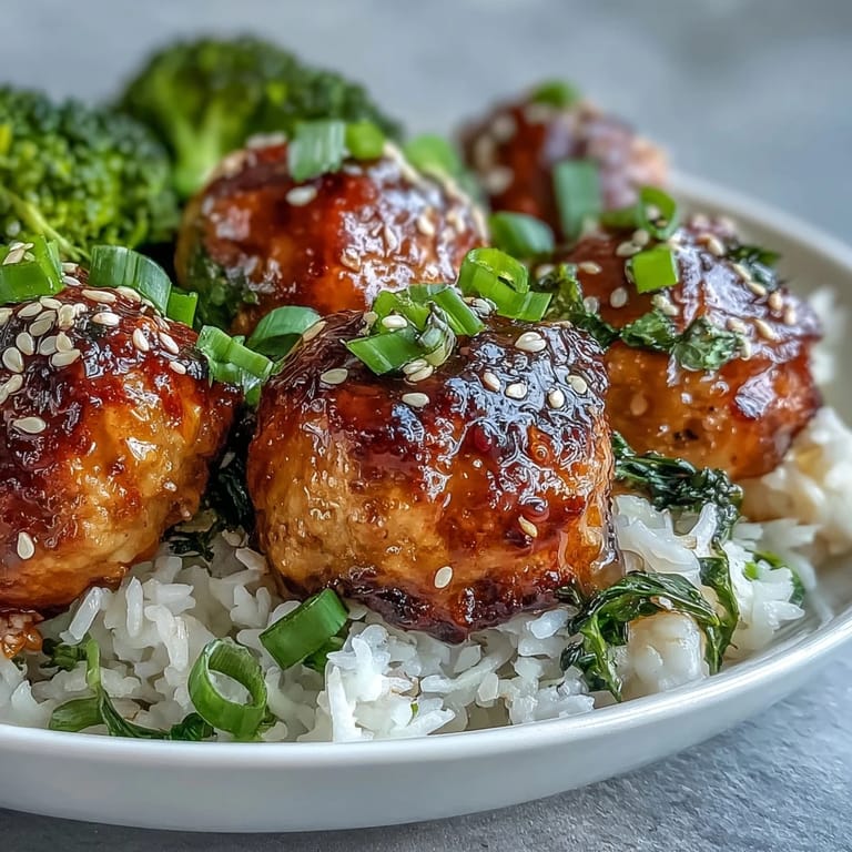 Juicy Honey Garlic Turkey Meatball Bowls sit atop fluffy rice with tender steamed broccoli and a sweet, sticky glaze.