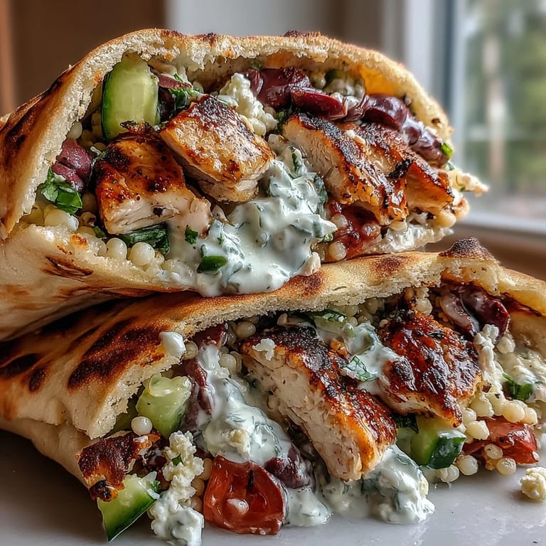 Freshly assembled Greek Chicken Feta Stuffed Pitas overflowing with colorful couscous salad and creamy tzatziki.