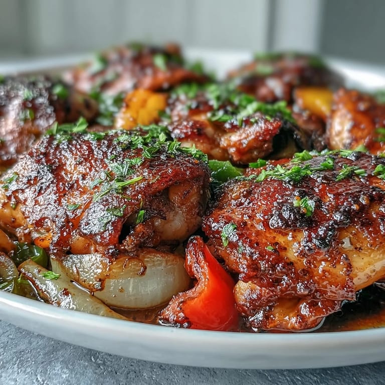 Close-up of juicy One-Pan Paprika Chicken thighs, garnished with fresh parsley and served with lemon wedges.