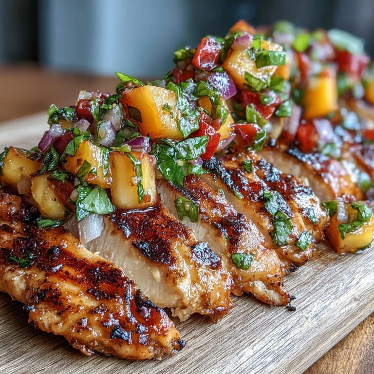 Thick grilled chicken breasts topped with chunky fresh peach basil salsa garnished with lime wedges.