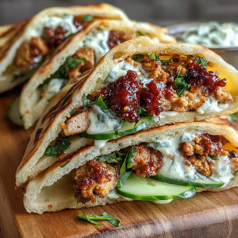 Handheld Korean Turkey Stuffed Naan Pockets filled with juicy turkey, crunchy cucumbers, and a dollop of creamy mayo.