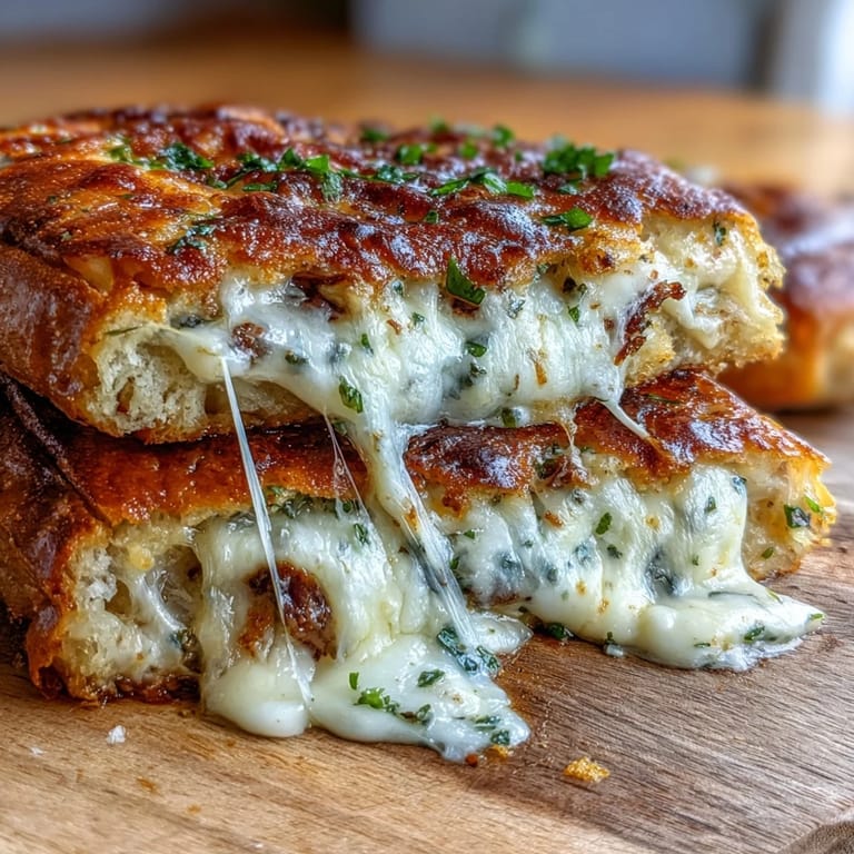 Crisp, golden-brown slices of Brown Butter Garlic Naan Grilled Cheese reveal melted mozzarella, fresh parsley, and chives on a rustic wooden cutting board.