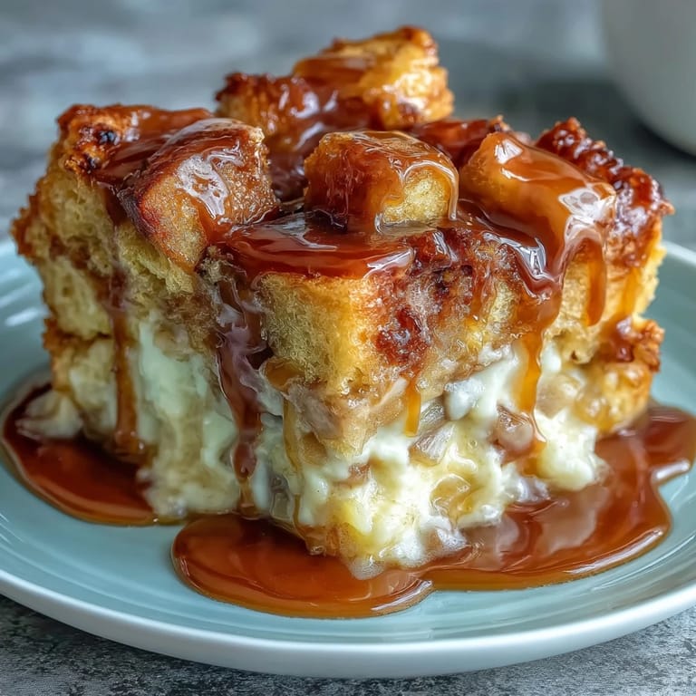 Freshly baked Caramel Apple Cheesecake Bread Pudding shows tender apple chunks and creamy custard soaked into golden bread cubes in a baking dish.