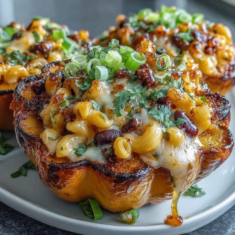 Vibrant acorn squash halves overflowing with hearty chili mac, finished with hot honey drizzle and fresh herb garnish for a comforting meal.