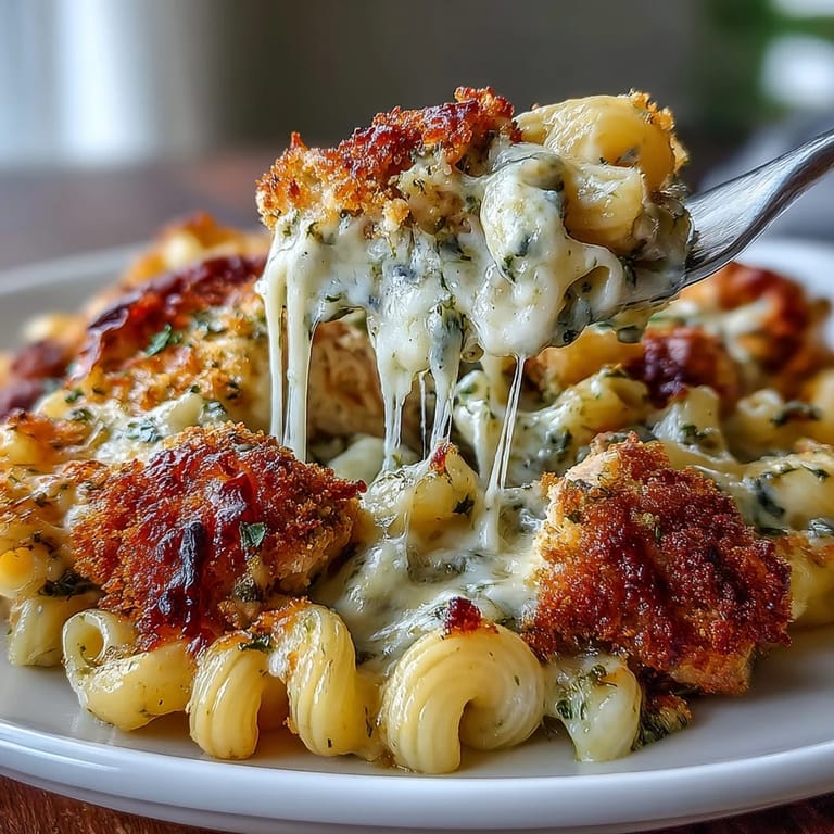 Weeknight dinner idea: pesto chicken macaroni in rich cheese sauce with crispy Parmesan crust.