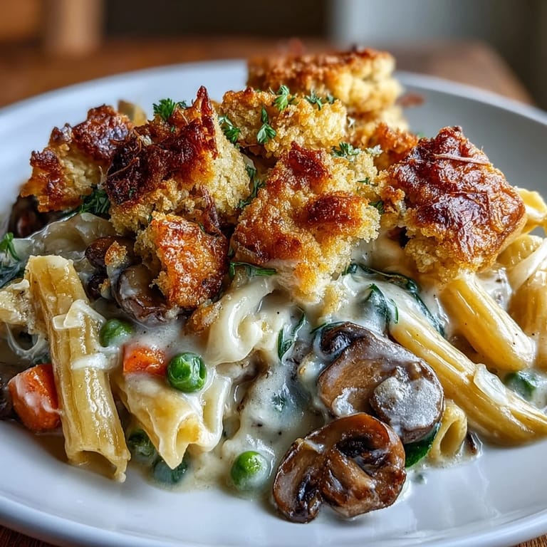 Close-up of bubbling Creamy Veggie Pot Pie Pasta topped with buttery biscuit crumbs and fresh parsley.  