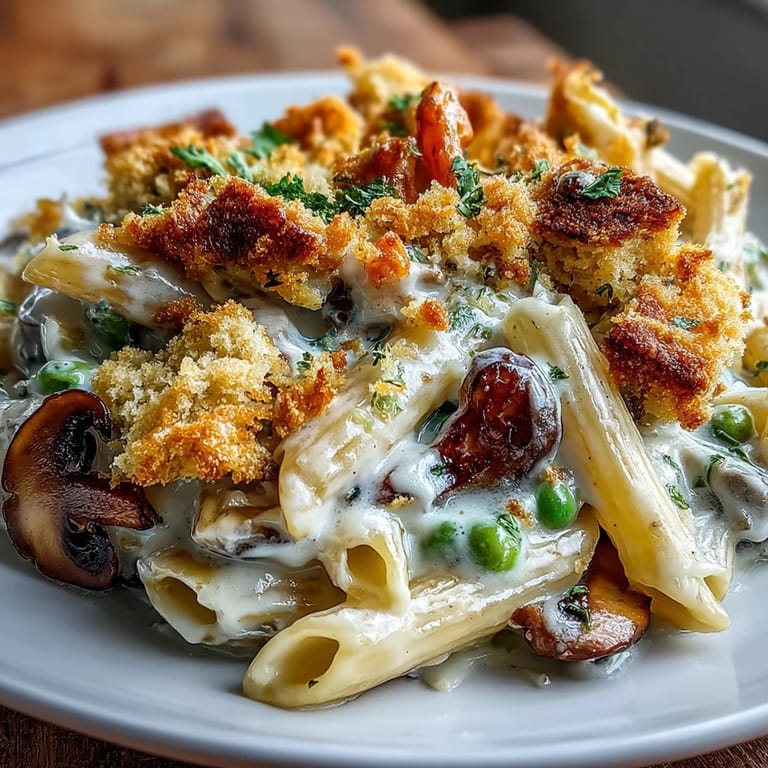 Oven-baked Creamy Veggie Pot Pie Pasta with a medley of peas, carrots, and mushrooms in a rich sauce.