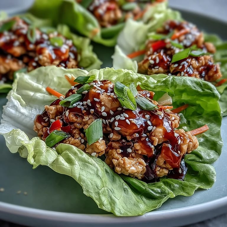 Colorful Asian-inspired chicken lettuce wraps with crisp lettuce leaves, tender ground chicken, and vibrant vegetables in a rich hoisin glaze.  