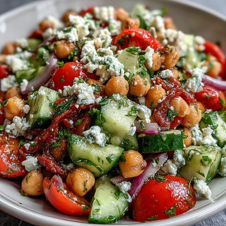 Fresh Mediterranean Chickpea Salad with Cucumber and Feta - Vibrant vegetables and tangy feta mingle with zesty lemon-oregano dressing for a refreshing, wholesome meal.  