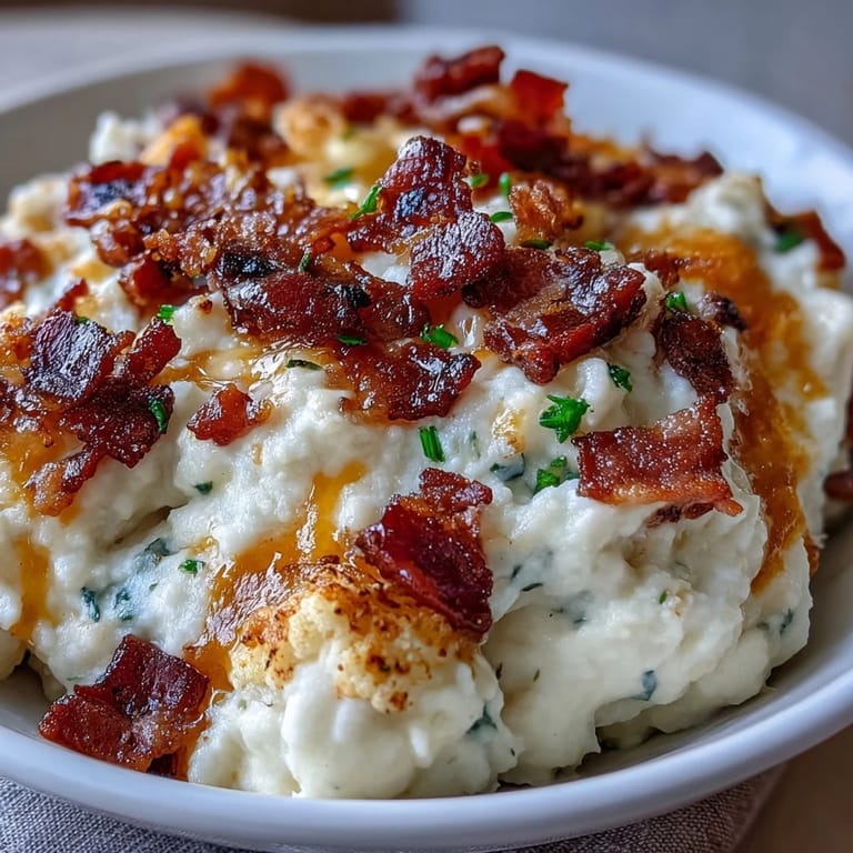 Keto bacon and cheddar cauliflower mash, roasted to golden perfection and blended until smooth and cheesy.