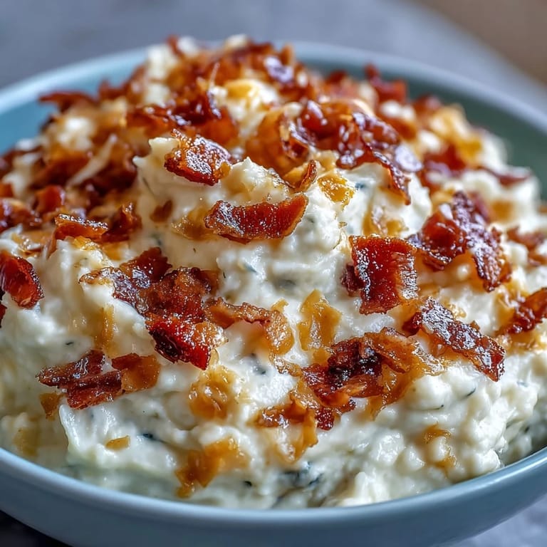 A savory, cheesy cauliflower mash topped with crunchy bacon, ideal for keto and gluten-free diets.