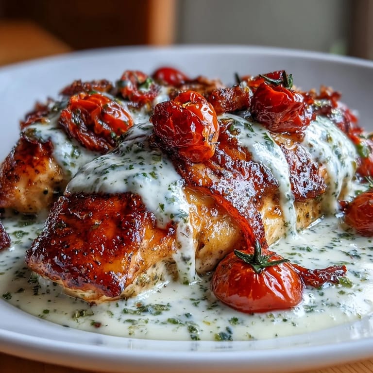 Golden-seared chicken simmers in rich basil pesto cream sauce, finished with sweet roasted tomatoes.