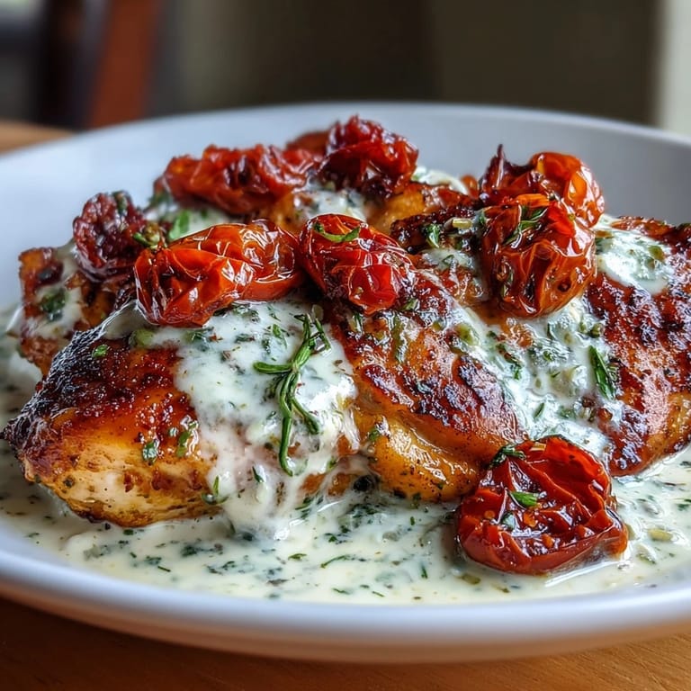 Low-carb chicken dish with tender breasts in luscious pesto cream, garnished with fresh basil and tomatoes.