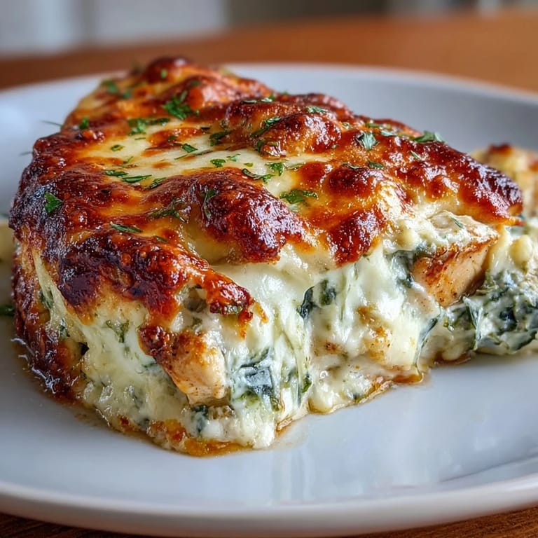 Baked chicken breasts smothered in spinach artichoke dip, topped with mozzarella and Parmesan cheese.