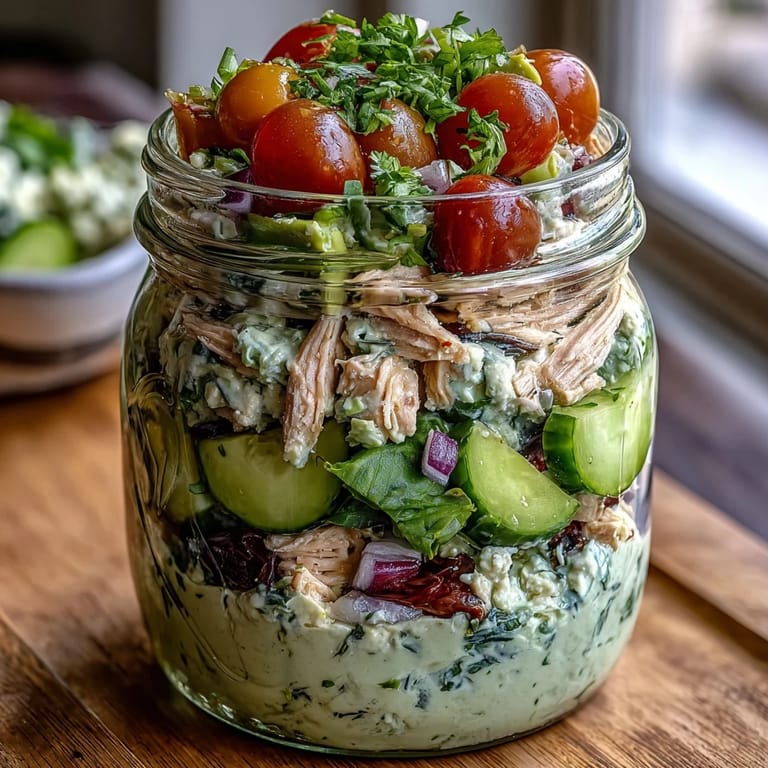 Protein-packed avocado chicken salad in mason jars, layered with spinach and red onion, perfect for quick, mayo-free keto lunches.