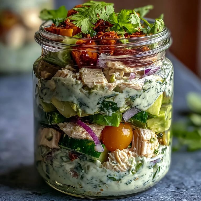 Vibrant mason jar salad featuring keto avocado chicken salad with juicy tomatoes, crisp cucumber, and zesty lime dressing for meal prep.