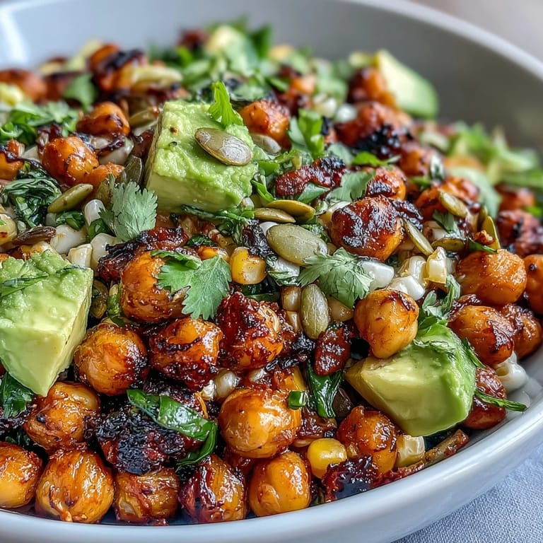 Colorful Vegan Chili Lime Street Corn Salad with Chickpeas served with diced avocado and lime wedges, offering a tangy, plant-based twist on Mexican street corn flavors.