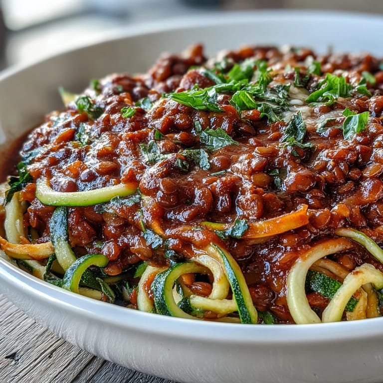 Rich plant-based lentil Bolognese sauce spooned over colorful spiralized zucchini and carrot noodles for a healthy meal.  