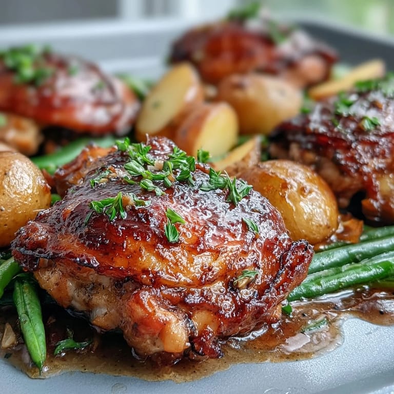 Flavorful one-pan dinner with tender chicken in sweet and savory honey garlic sauce, served with crisp green beans.  