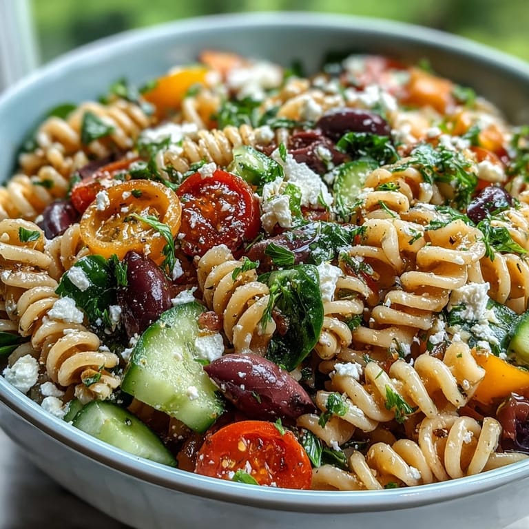 Refreshing summer salad featuring cherry tomatoes, bell peppers, cucumbers, and creamy feta over al dente pasta.  