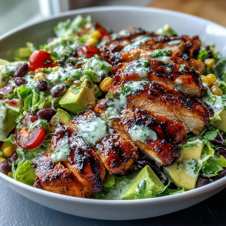 A hearty Southwest Chicken Power Salad featuring juicy grilled chicken, creamy avocado, and crunchy vegetables, tossed with black beans and corn in a tangy lime dressing.