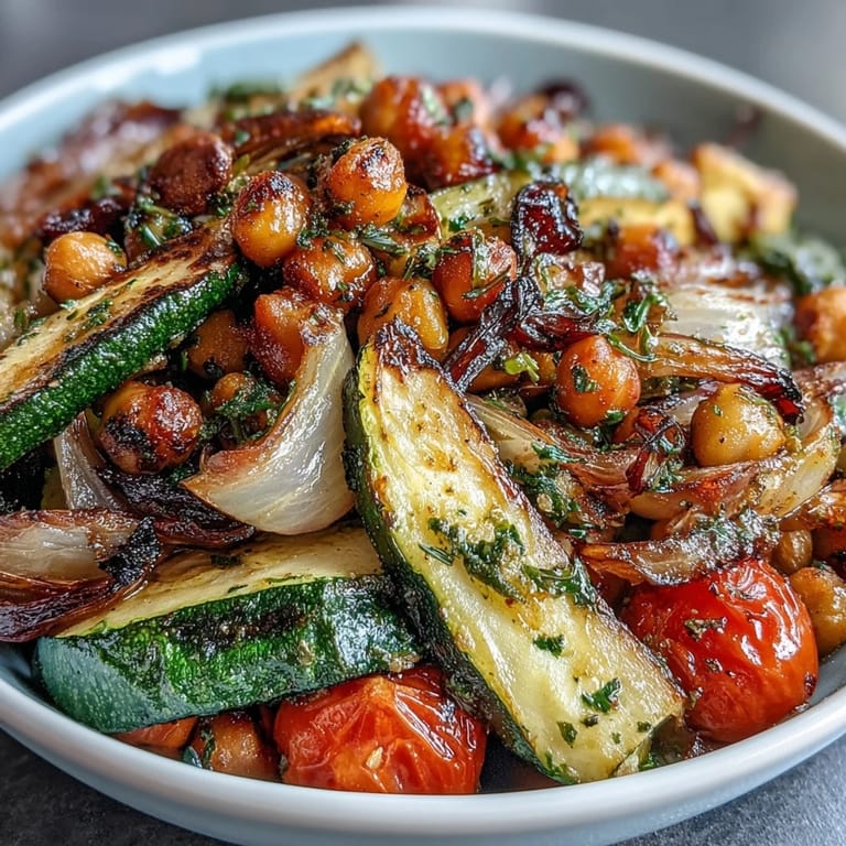 Golden-brown roasted zucchini, bell peppers, and chickpeas with zesty lemon and aromatic garlic, creating a flavorful Mediterranean-inspired vegetable medley.