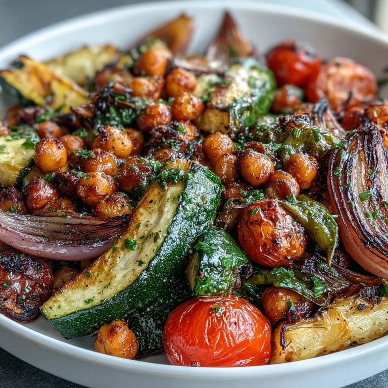 Freshly roasted seasonal vegetables and chickpeas with a bright lemon-garlic dressing, offering a nutritious and colorful plant-based side dish.