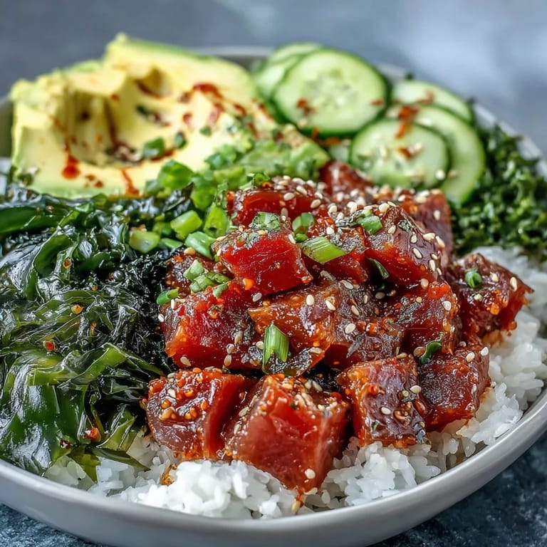 Vibrant Hawaiian-style spicy tuna poke bowl featuring fresh avocado, crunchy cucumber, and edamame over seasoned sushi rice.  