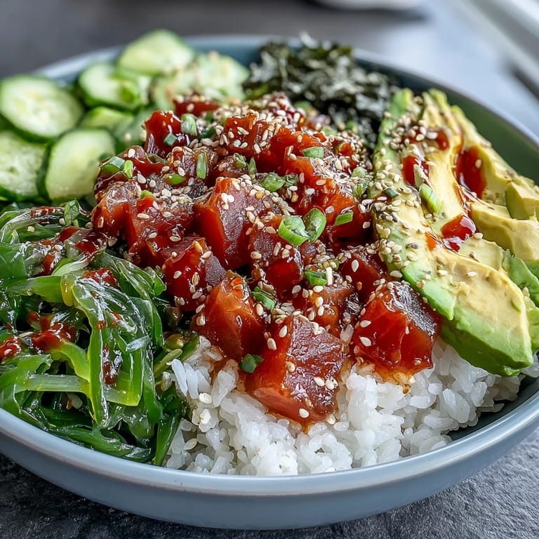 Delicious spicy tuna poke bowl with Sriracha-marinated tuna, fresh vegetables, and seaweed, served in a colorful, healthy bowl.