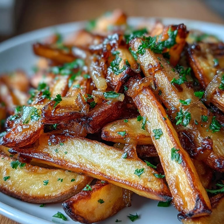 Oven-baked russet fries coated in a fragrant onion-garlic butter sauce, garnished with fresh parsley for extra flavor.