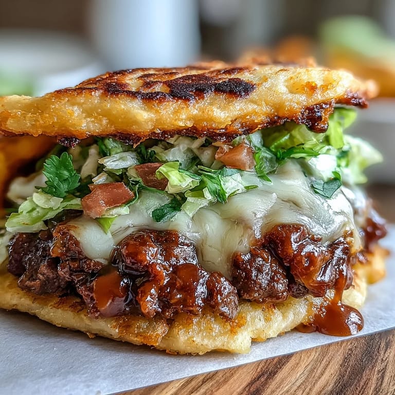 Smashed beef mini tacos with American cheese, lettuce, tomato, and pickles in crunchy tortilla shells.