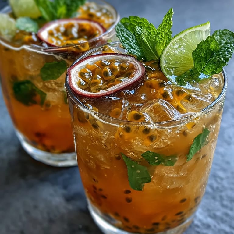 This rum-based passionfruit cocktail features muddled mint and zesty lime, served over crushed ice with a splash of sparkling water for a festive twist.