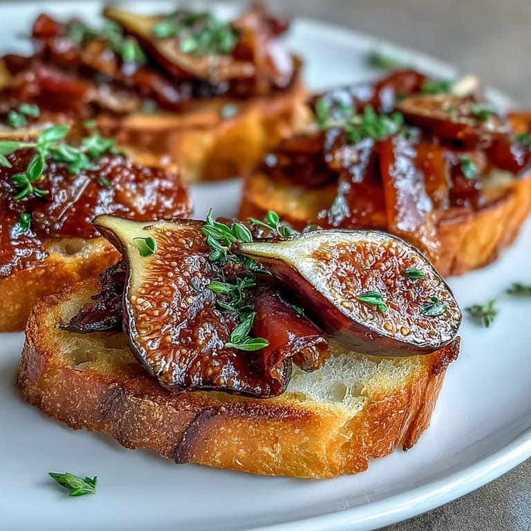 Delicious crostini appetizer featuring golden baguette slices layered with prosciutto, fresh figs, and a drizzle of honey.