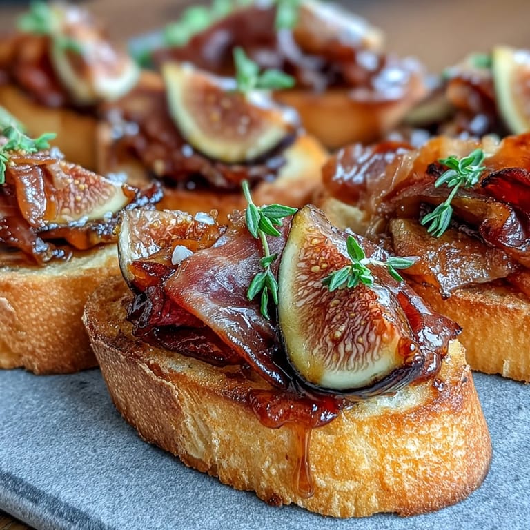 Elegant Italian crostini with crunchy bread, salty prosciutto, juicy figs, and fresh thyme for a gourmet bite.