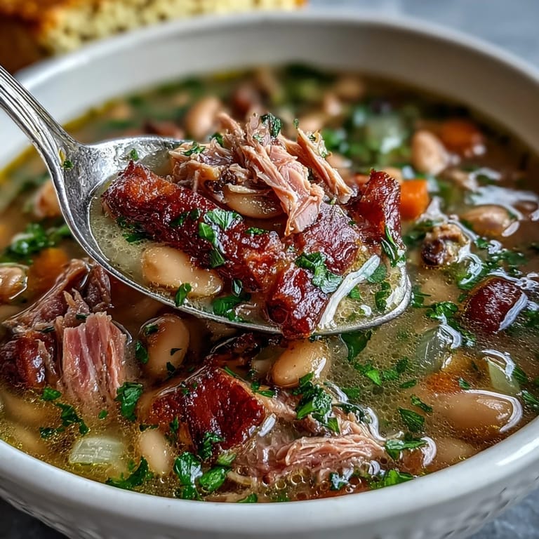 Rich, savory ham hock and bean soup filled with beans and carrots, paired with a fluffy piece of golden cornbread on the side.