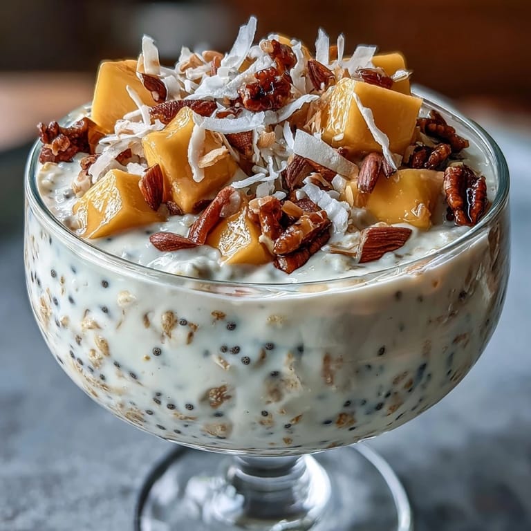 Creamy coconut milk oats layered with ripe mango chunks and toasted coconut flakes.  