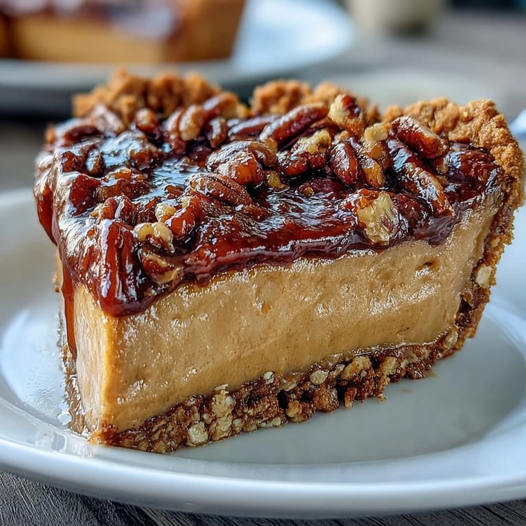 Rich and silky candied yams pie with a crisp pecan crust, drizzled with maple syrup and sprinkled with toasted nuts for a festive dessert.