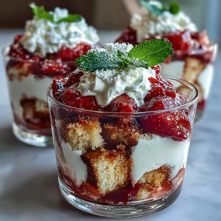 Layered strawberry shortcake trifle featuring golden shortcake cubes, macerated berries, and dreamy whipped cream for a festive dessert.