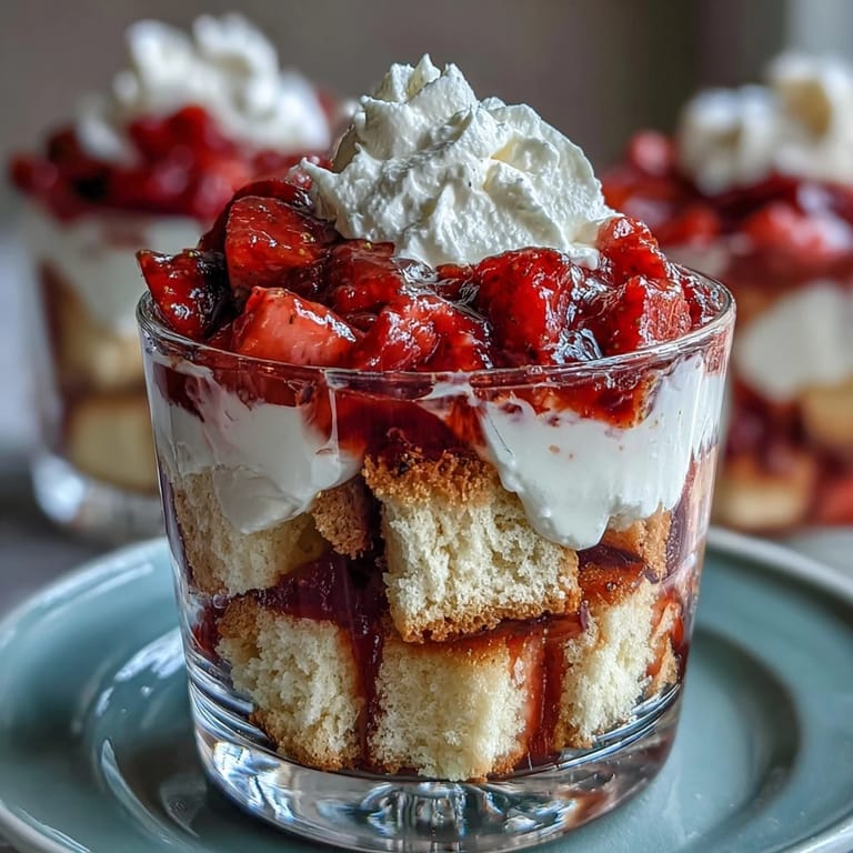 Stunning Galentines trifle with alternating layers of tender shortcake, sweet strawberries, and airy whipped cream, garnished with fresh berries.