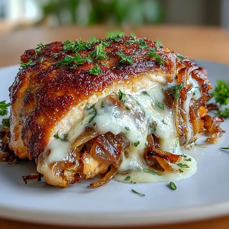 Close-up of golden brown stuffed chicken breasts filled with melted cheese and onions.