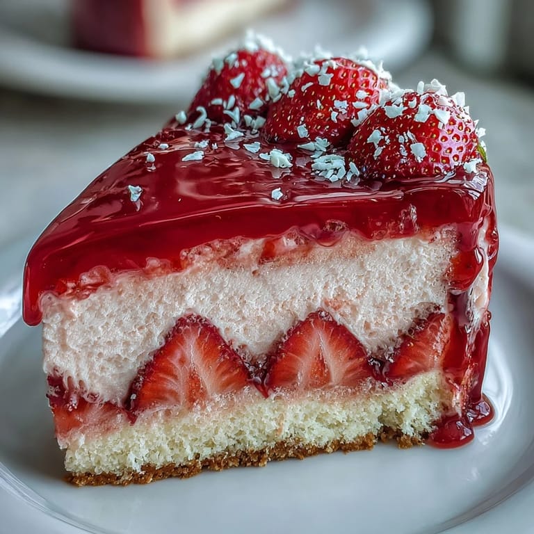Layered strawberry mousse cake featuring tender sponge, airy mousse, and shiny strawberry glaze, ideal for sharing with loved ones.