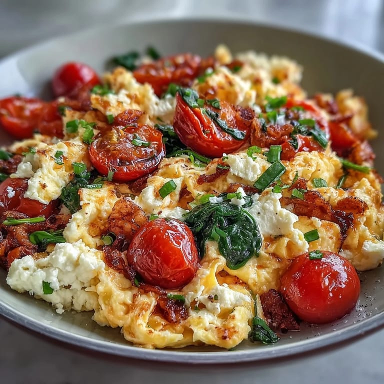 Fluffy scrambled eggs mixed with creamy cottage cheese and sautéed vegetables, served hot for a protein-packed breakfast.