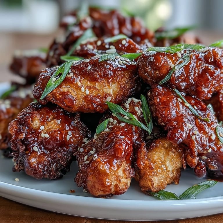 Golden brown chicken bites coated in gochujang glaze, served hot with a sprinkle of toasted sesame seeds for crunch.  