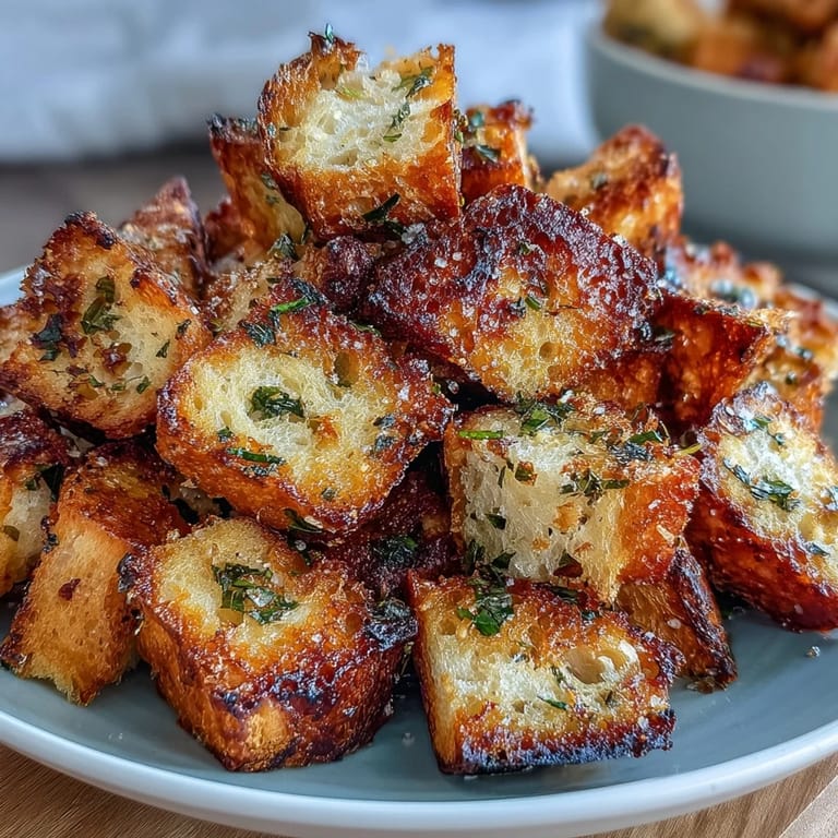 Savory air-fried sourdough croutons bursting with garlic and herb flavor, ideal for adding texture to your favorite dishes.