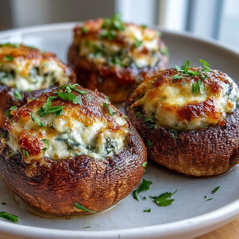 Air fryer mushrooms filled with rich cream cheese, fresh spinach, and garlic, topped with Parmesan for a crispy, flavorful bite every time.  