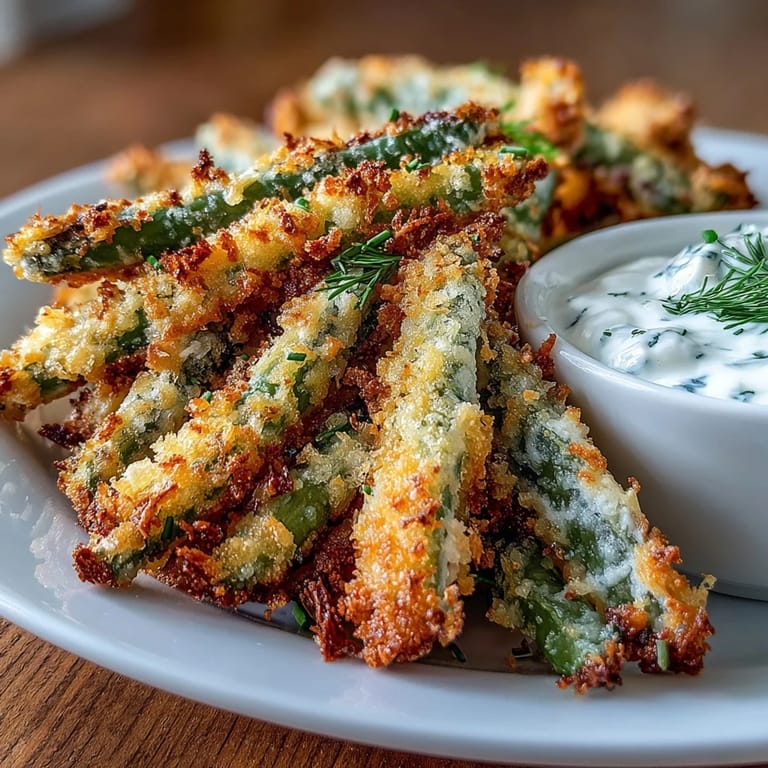 Golden green bean fries made in the air fryer, paired with tangy homemade ranch yogurt dip for dipping.  